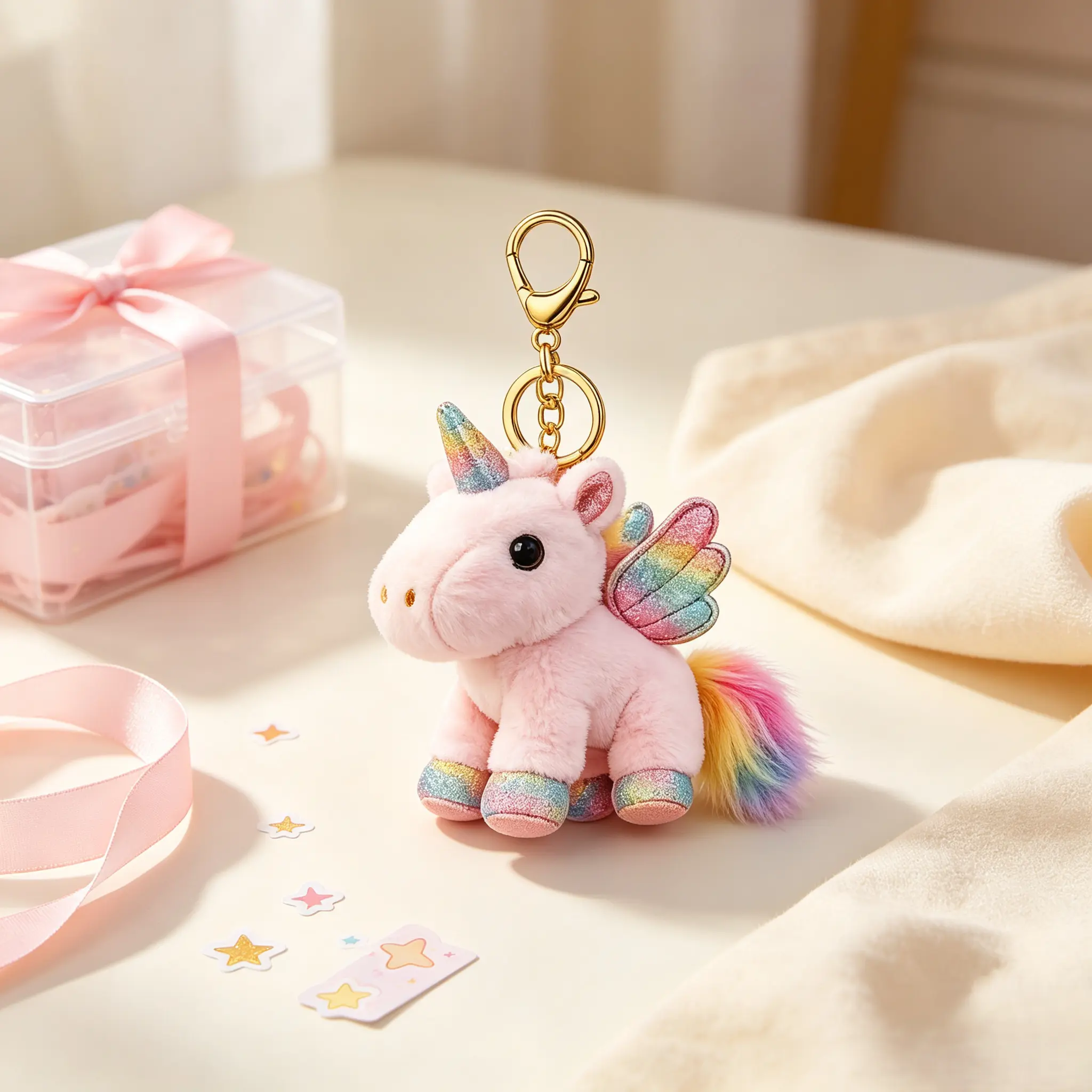 Cute Kawaii Cartoon Characters Cotton Crepe Bag Charm Clip - Dreamy Iridescent Rainbow Unicorn Keychain, Healing Birthday Gift for Best Friends, Stocking Stuffer, Party Favor