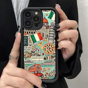 Italian - themed Travel Elements Pattern Phone Case Fashionable Popular Shock - Proof Anti - Fingerprint Full Coverage Thick Protective Soft Case Compatible with iPhone 17 E Air Pro ProMax iPhone16 15 14 Plus 13 12 Mini 11 X XS XR