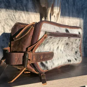 Leather Hair on Hides Toiletry Bag with Distressed Finish and Zipper Closure for Travel