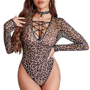 Avidlove Women Long Sleeve Bodysuit Deep V Neck Body Suits Mesh One Piece Leotard Going Out Tops with SChoker