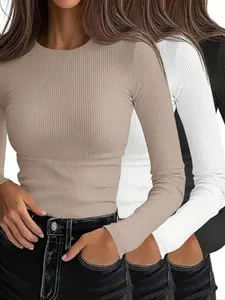 Women's Slim-Fit Knitted Ribbed Long Sleeve Round Neck T-Shirt, Casual Wear for All Seasons, Essential Knitwear for Daily Wear & Layering