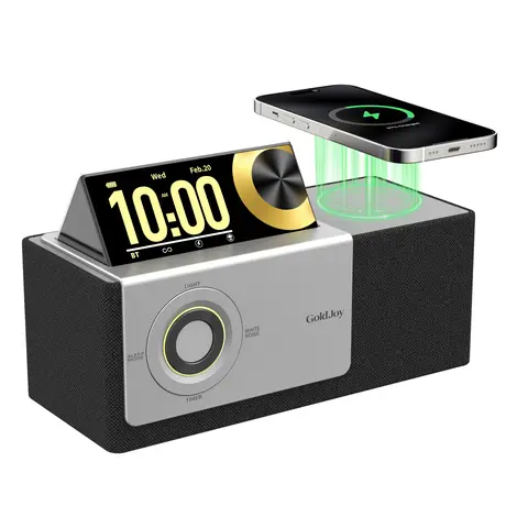 GoldJoy 7-in-1 Cordless Bluetooth Speaker - Cool Gadgets with Flip-Up Display, Wireless Charging Station, Romantic Sunset Lamp, White Noise, Deep Bass Stereo, USB-C Music Setup, Alarm Clock Sound Machine, Rechargeable Portable Bedside Decor, Bluetooth Rec