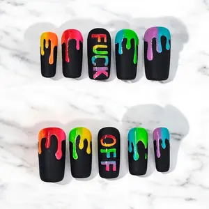 Rainbow Drip Graffiti Press-On Nails - Bold Matte Black with Vibrant Rainbow Drip Designs & "F*CK OFF" Graffiti Message - Edgy & Expressive Artistic Nail Art