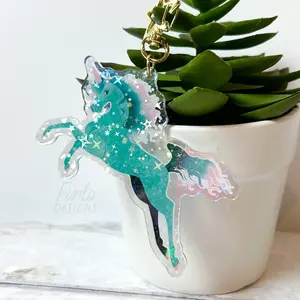 Finlo Designs - Teal Unicorn Holographic Keychain - 3.5”, double-sided, star holographic glitter