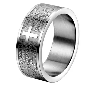 OIDEA Stainless Steel Cross Classic Band Ring - 8mm Engraved Phrase Ring for Men and Women with Spanish Bible Lord's Prayer Design, Classic Band Rings, Engraved Phrase Rings