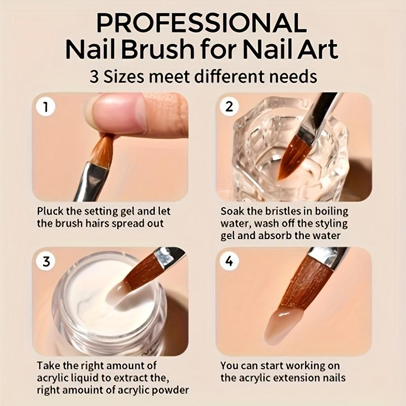 3Pcs Acrylic Powder Set Professional Acrylic Nail Kit with Liquid Monomer Nail Brushes Clear Pink White Acrylic Powder for Nail Extension Carving 3D Nail Art DIY Salon