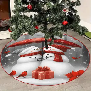 JIT 1pc Christmas Couple Snowman Red Umbrella Christmas Eve Christmas Tree Decoration Tree skirt, Christmas print pattern, Christmas family Holiday party tree skirt decoration, machine washable, comfortable birthday and beautiful Christmas gift all year r