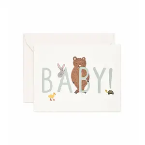 Baby! Card (Mint) with Bear, Rabbit, and Butterfly Designs, Featuring the Name "BABY!" in Large Lettering