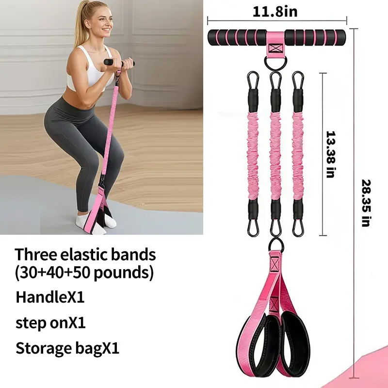 Handle-Equipped Elastic Resistance Bands Set - 3 Adjustable Drawstrings (30-40-50lb), Unisex Home Fitness Equipment for Leg, Arm Training