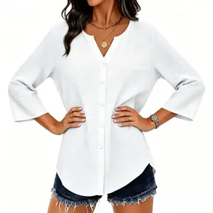 Effortless French Chic Button Down Blouse - Summer V Neck 3/4 Sleeve Loose Casual Top red  top cap cute going out