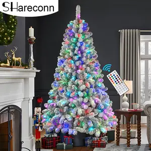 SHareconn 4/ 5/ 6/ 7.5/ 9/ 12FT Pre-Lit RGB Lights Snow Flocked Christmas Tree with Remote Control, Deluxe Hinged Design, Ideal Xmas Decoration