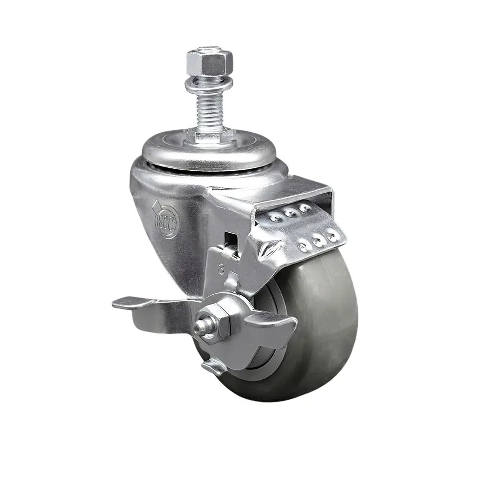 212 MAIN Durable Swivel Caster - Stainless Steel Polyurethane Threaded Stem, 3.5x1.25in Gray Wheel, 0.5in Stem, Top Locking Brake for Material Handling Shop Projects (SCC-SSTS20S3514-PPUB-TLB-121315)