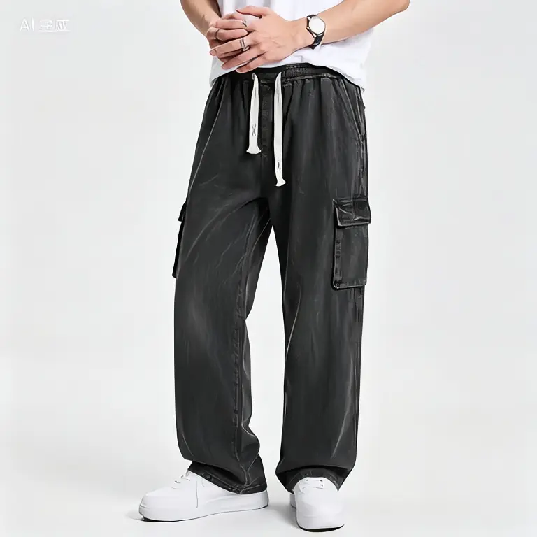 Men's Casual Wide Leg Cargo Pants with Pockets and Drawstring Waist for Everyday Wear