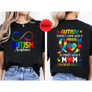 100% Cotton Autism Awareness Acceptance Shirt Infinity Symbol Women T-Shirt,Women's Autism Awareness T-Shirt - Puzzle Pieces And Rainbow Letters Paired With The Slogan Never Give Up, Y2K Style Short-Sleeve Crew Neck Top For Autism Moms