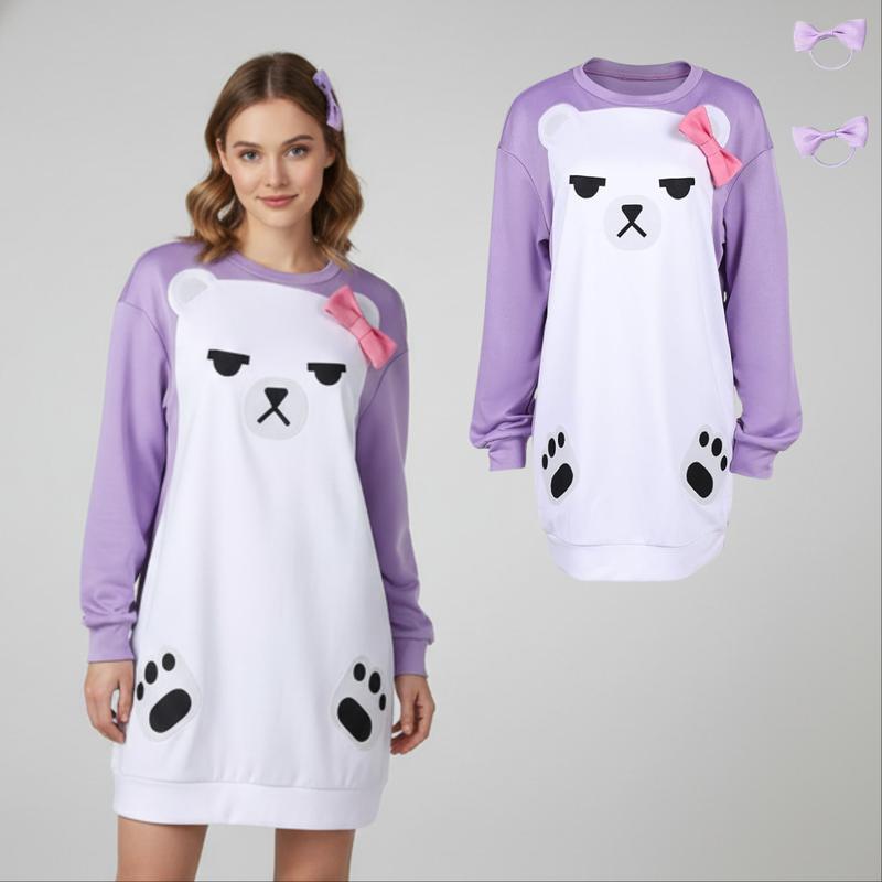 Anime Cosplay Mira Costume Kpop Pajamas Mira Purple Bear Hoodies for Adults Womens Halloween Outfits with Hair Rings Faux Cotton Sweater Cosplayer Clothes Soft Party Crewneck Gamis