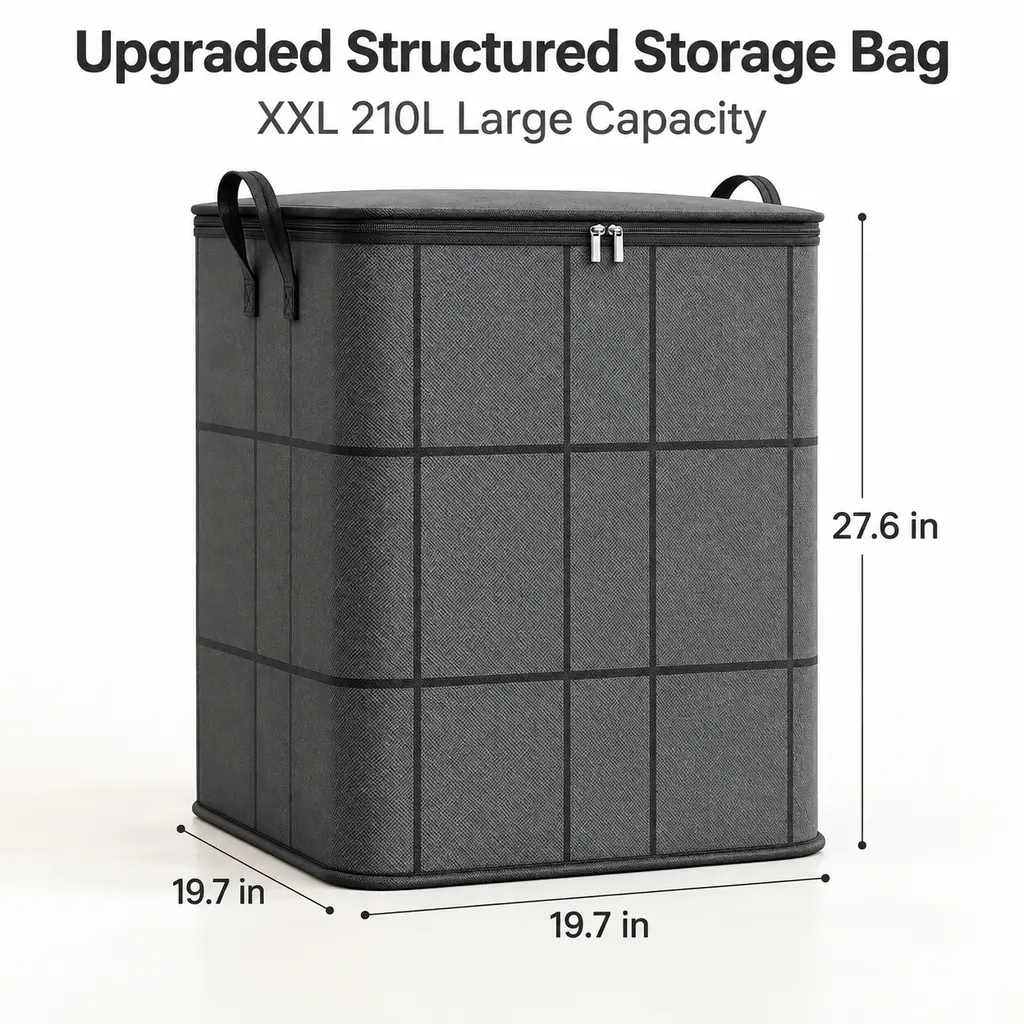 Upgrade 210L Extra Large Foldable Storage Bin, Reinforced Thick Fabric, Dust & Moisture Proof Dual Zipper Closet Organizer for Quilts, Blankets, Seasonal Clothes & Bedding, Ideal Gift for Home Storage