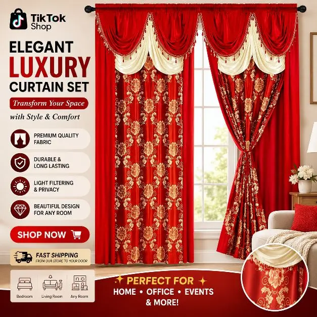 TikTok Shop Elegant Luxury Curtain Set Red Color Premium Quality Fabric Durable Long Lasting Light Filtering Privacy Beautiful Design for Home Office Events