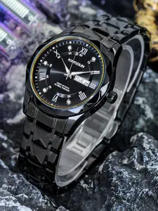 A men's hot selling all black steel strap paired with a steady and mysterious circular black dial with sparkling diamonds embellished with retro Roman hour markers, high-end fashion, night light, waterproof calendar, quartz watch