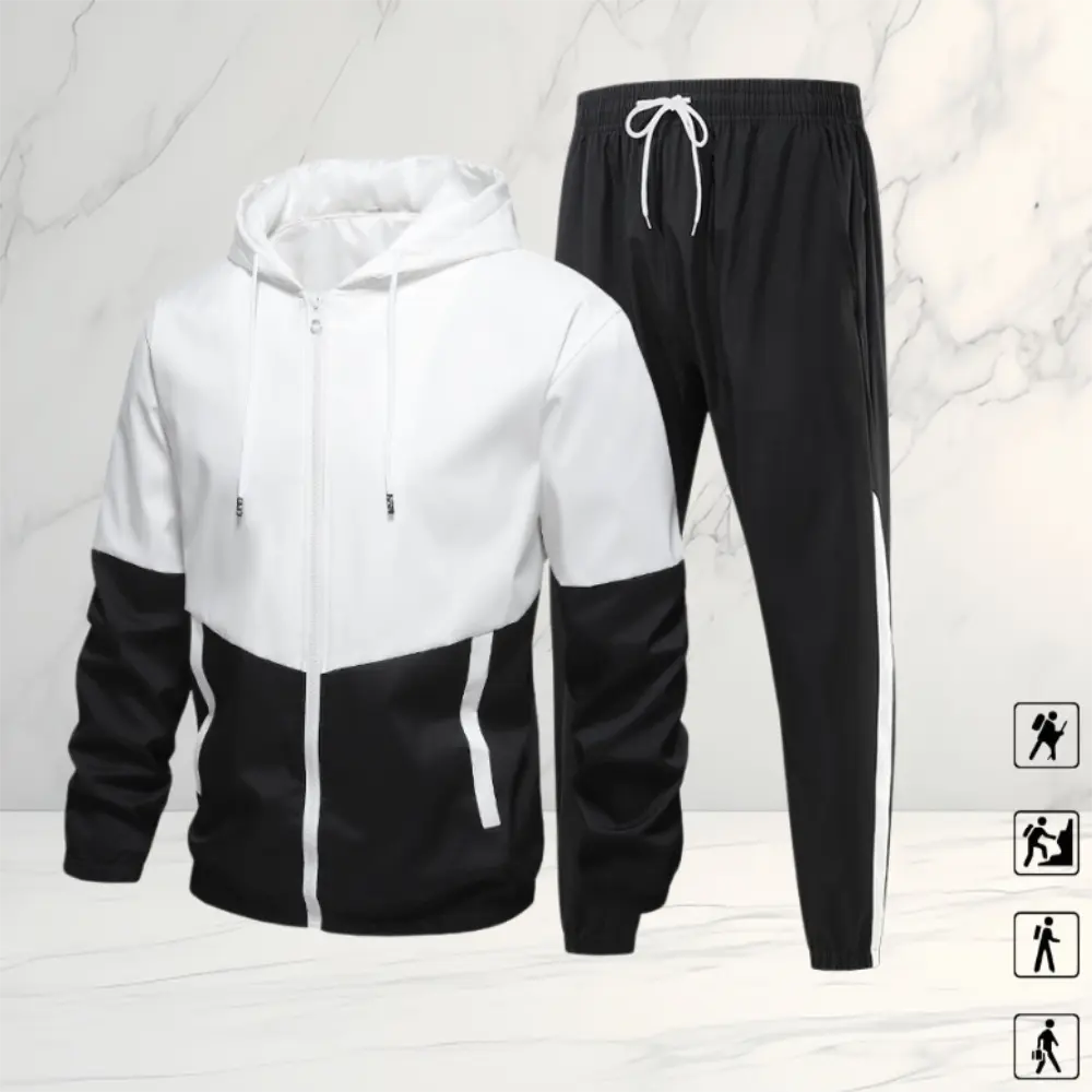 Men’s color-block hooded sports set featuring a minimalist, casual European and American everyday style; includes a contrasting zip-up jacket paired with jogger pants for a complete design, suitable for adult men for outings, walking, and everyday wear. h