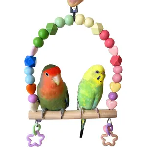 Wooden Bird Swing Hanging Climbing Toy with Colorful Bead Bell Parrot Perch Accessories for Birdcage Play Gym Suitable for Cockatiels Parakeets Lovebirds Conures Budgies