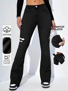 Women's Plain Flare Leg Jeans, Casual Comfy Bell Bottom Trousers for Daily Wear, Ladies Bottoms for All Seasons