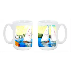 212 MAIN Sailboats Round the Mark Ceramic Coffee Mug - 15oz Large Reusable Drink Cup, Dishwasher-Washable, Microwavable, Suitable for Tea & Coffee