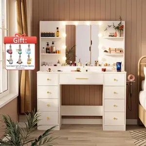 【Summervibes】Dresser with Mirror, 3-Color Adjustable LED Lights & Power Outlets Makeup Vanity with 9 Drawers & 6 Storage Shelves For Bedroom & Dressing Room (White)