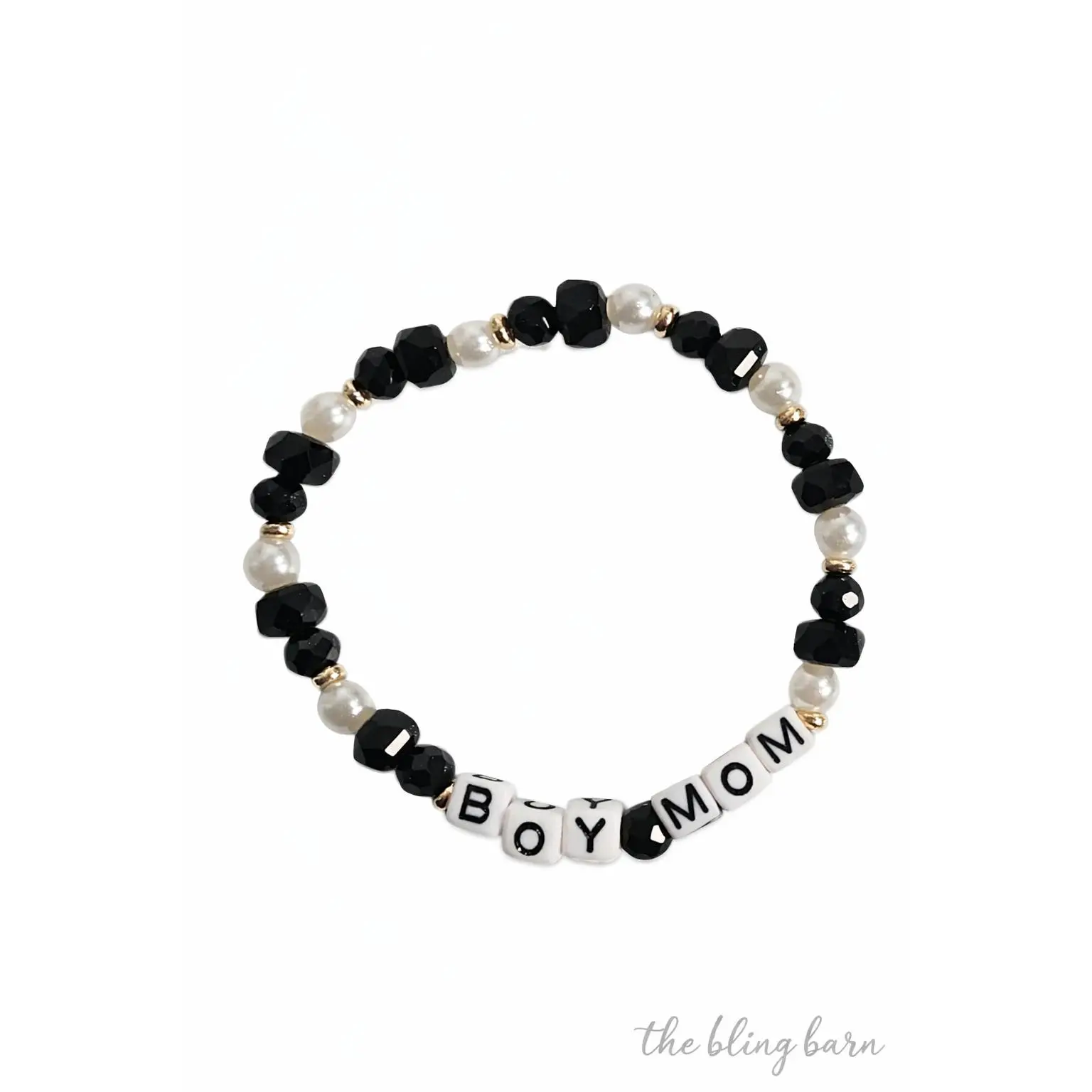 Bling Barn Boy Mama Letter Link Beaded Stretch Bracelet - Pearl, Faceted Glass & Acrylic Beads, Bold Letters, Gold Spacers - Everyday Wear Mom Costume Jewelry Bracelet, Letter Link Bracelet