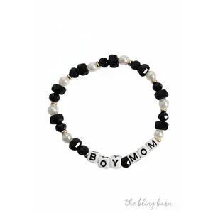 The Bling Barn Boy Mama Beaded Stretch Bracelet Pearl & Faceted Glass Mom Bracelet for Everyday Wear with Bold Letter Beads and Gold Spacer Details