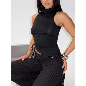 Saveria Tie Detail High Neck Top Black