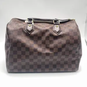 Pre-owned Louis Vuitton leather Shoulder Bags SPEEDY 30 Brown Coated Canvas Checkered Boston Bag