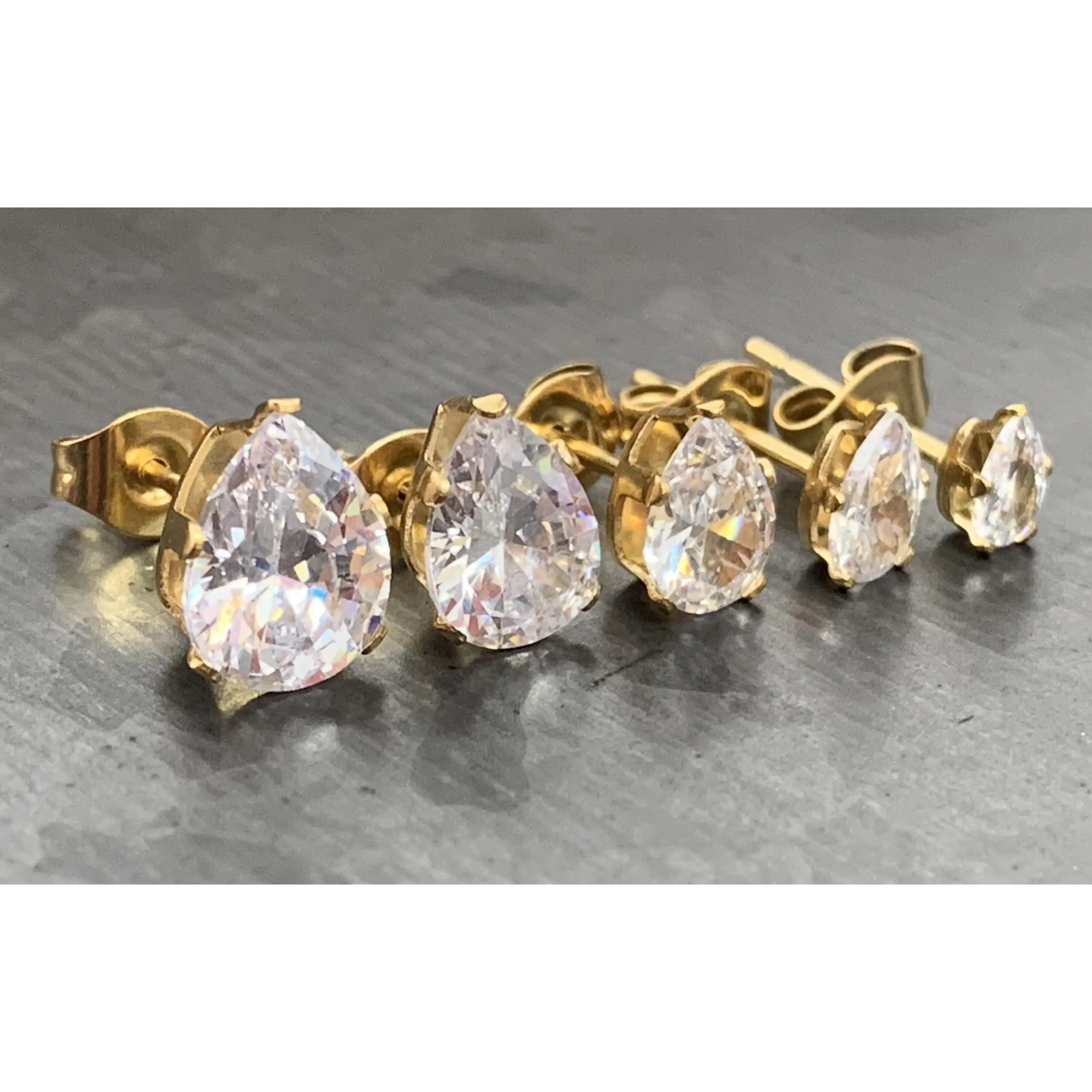 PAIR of Beautiful Hypoallergenic Clear CZ Gem Teardrop Gold Stud Earrings - 3mm, 4mm, 5mm, 6mm or 7mm Gem Size!