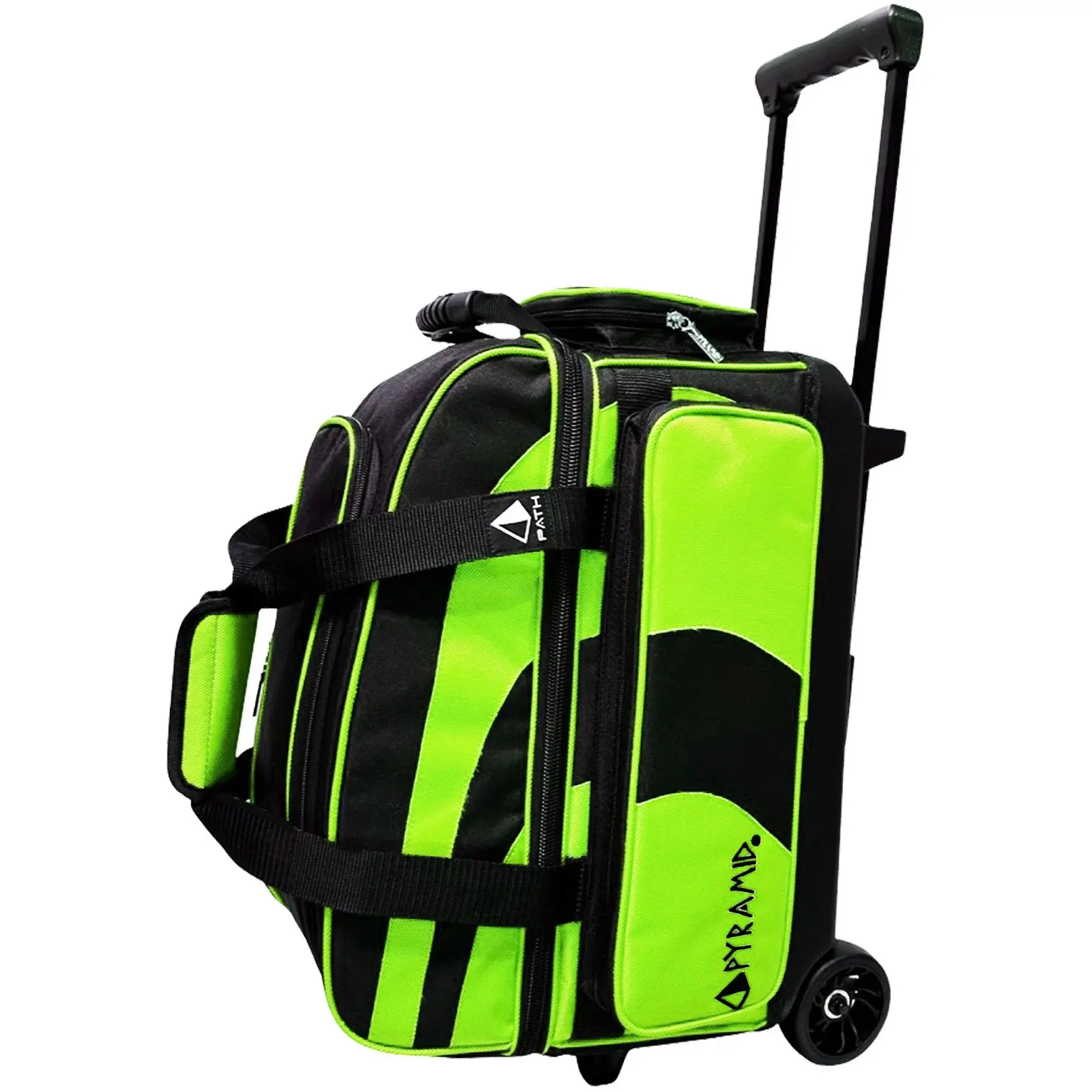 PYRAMID Path Pro Deluxe Double Roller 2-Ball Sport Bowling Bag, 600D Polyester with Extendable Handle, Wide Wheels & Shoe Compartment, Black/Lime Green
