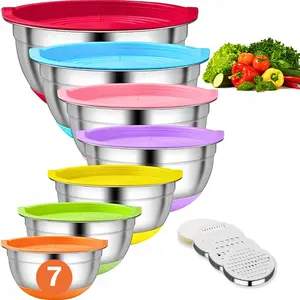 7 Pc Extra Large Stainless Steel Mixing Bowls with Lids Set, Stainless Steel Nesting Storage Bowls for Kitchen, with 3 Grater Attachments & Non-Slip Bottoms, Size 7.1,5.5,3.5,2.5,2.1,1.5,1.1 QT Tableware Set