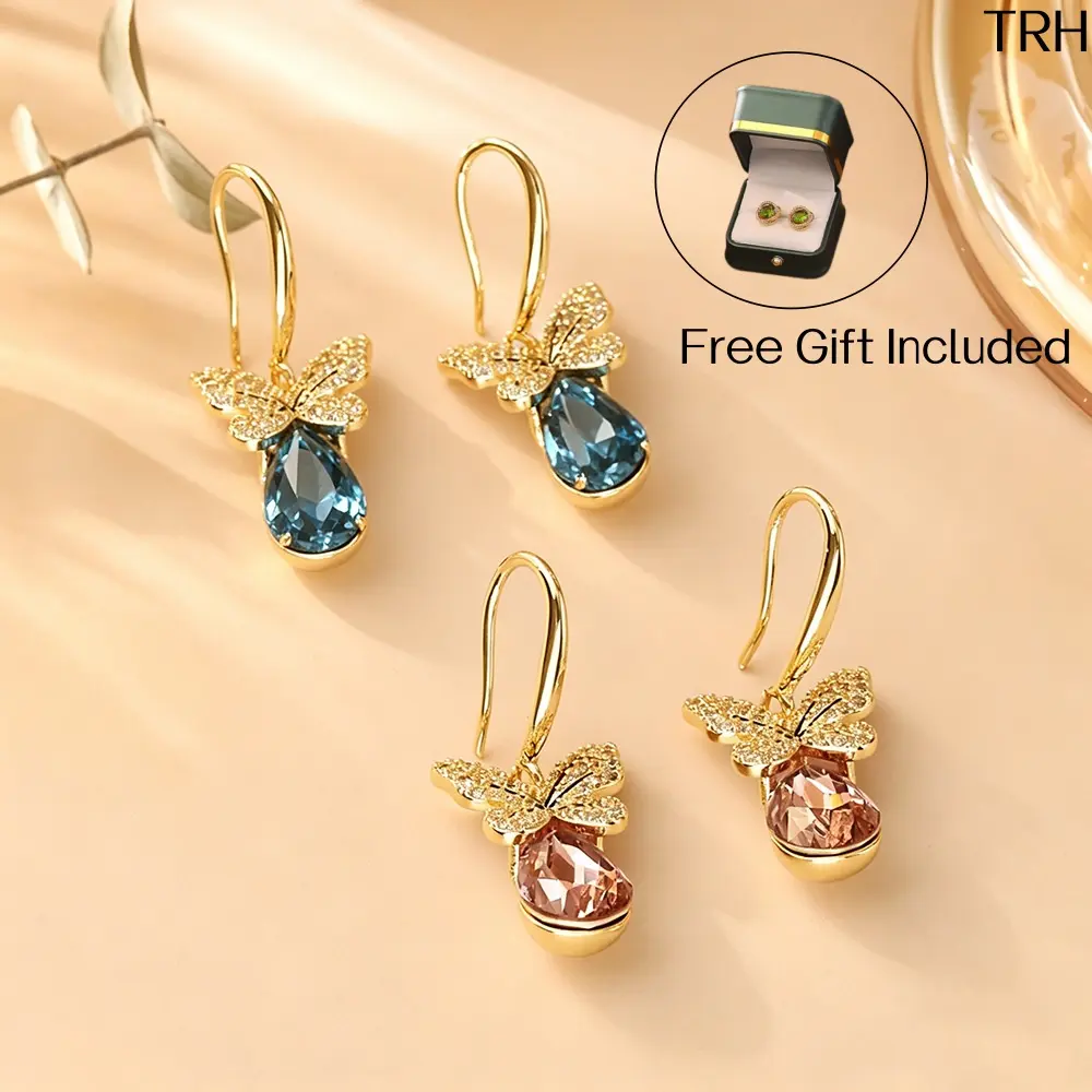 Gold Paved Crystal Butterfly Drop Earrings, Teardrop Blue Pink Crystal Hook Earrings, Elegant Luxury Dangle Earrings for Women, Trendy Minimalist Jewelry, Perfect for Wedding, Dinner Date & Daily Party Occasions
