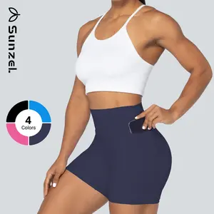 Sunzel Yoga Booty Biker Shorts for Women with Pockets, No Front Seam, V Waist High Rise, Buttery Soft Seamless Fabric, Tummy Control Gym Shorts, 5" Inseam
