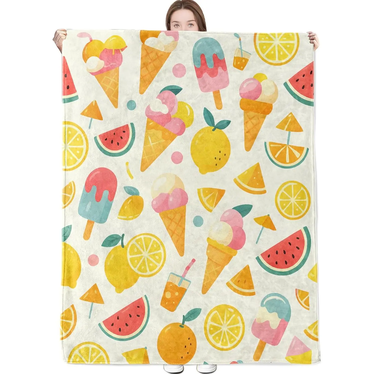 60x50in Custom Breathable Lightweight Flannel Ice Cream Fruit Blanket - Watermelon, Lemon, Juice & Popsicle Prints, for Camping & Couch, Summer Home Decor Gifts for Adults, Custom Blankets, Breathable Lightweight Blankets