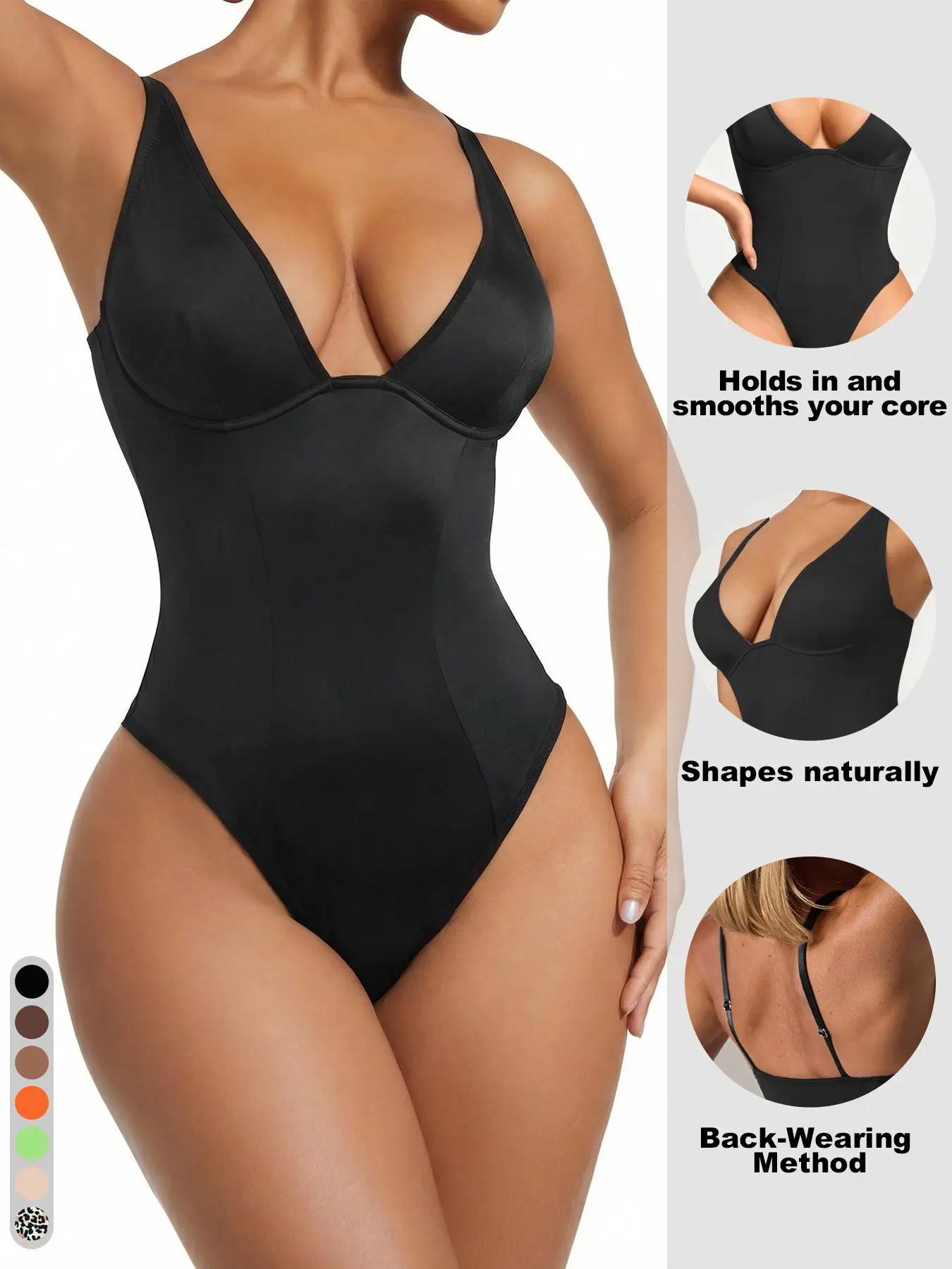 Women's Solid Color V-Neck Basic Shapewear Bodysuit, Slimming And Shaping, Smooth Fit, Underwear