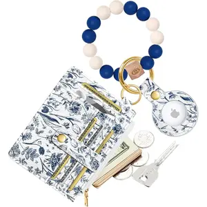 Wallet Keychain Wristlet for Women with AirTag Holder - Cute Design Credit Card Holder Wallets Key Chain Ring Slim Small RFID Air Tag Coin Pocket Purse for Ladies Girls Female,Blue Flower