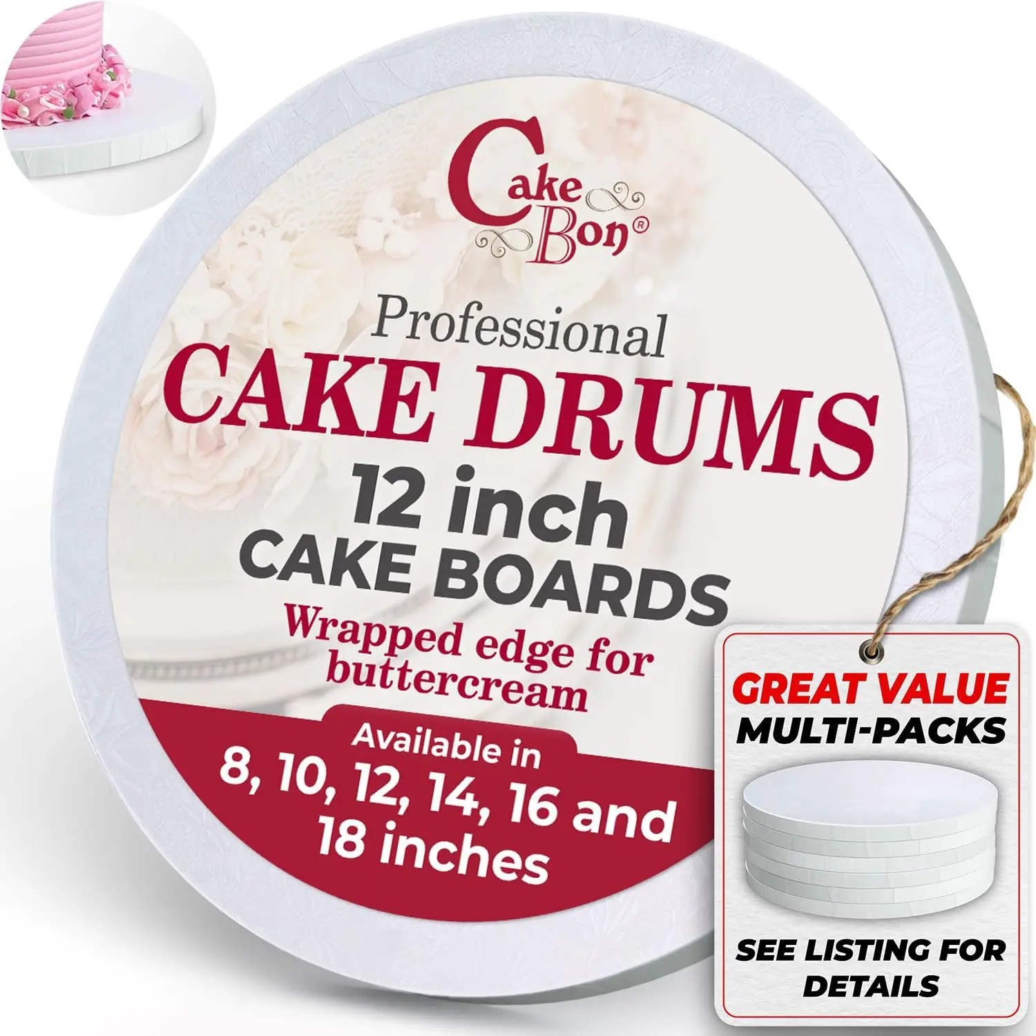 Cakebon Cake Boards 12" White Round Cake Drums 1/2" Wrapped Edge 1Pack | 12 Inch Cake Drum, Cake Drums 12 Inch, Base para Pastel, Cake Base Board, Cake Rounds, Cake Boards 12 Inch Round
