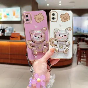 MOTOG85 5G Impact Resistant PC Fashion Strap Lanyard Phone Holder Case For Compatible With Motorola Moto G85 5G Cute Lovely Bear Style Stand Cover