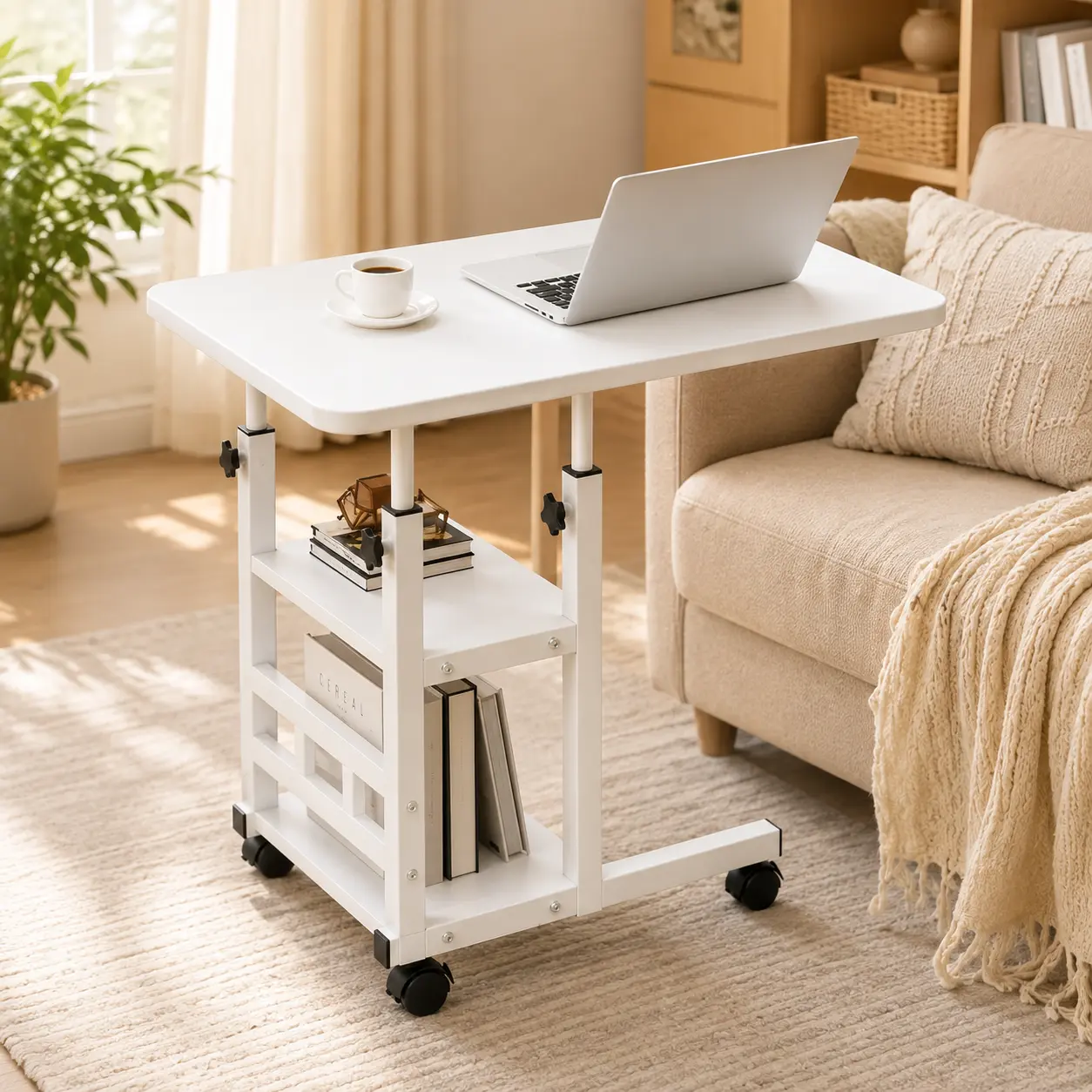 Adjustable Mobile Laptop Desk with Storage Shelf, Rolling Bedside Table with Wheels, Height Adjustable Side Table for Sofa Couch Bedroom Home Office