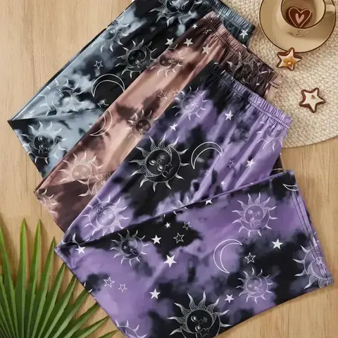 Plus Size 3-pack Tie-Dye & Galaxy Print Knitted Elastic Waist Sleep Pants, Casual Comfy Pajama Trousers for All Seasons, Women's Sleep Bottoms for Daily Home Wear Loungewear, Nightwear, Homewear, Pjs, Home Loungewear Pajamas, Loose Fit Sleepwear