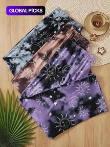 【plus size】 3 counts all over & sun & moon & star print elastic waist sleep pants, casual comfy knitted pajama trousers for all seasons, womens clothes, women's sleep bottoms for daily home night wear, nightwear