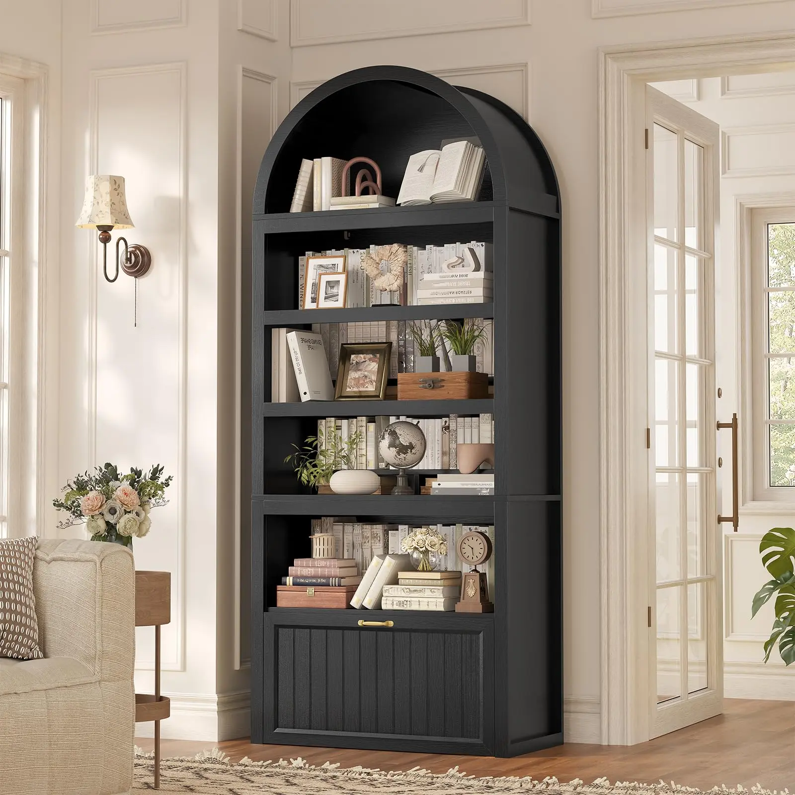 81" Tall Arched Cabinets,Bookcase with Drawer, Modern 5-Tier Bookshelf with 2 Book Risers & Adjustable Shelves for Living Room,Kitchen,Home Office,Black