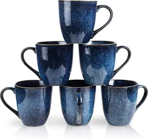 vicrays Coffee Mug Set, 12 Ounce, Ceramic Mug for Men, Women, Set of 6, Unique Glazed Mugs with Handle for Tea, Coffee, Milk, Cocoa, Cereal(blue) Drinkware Tumbler, Reuse, Reusable, Drink, Washable