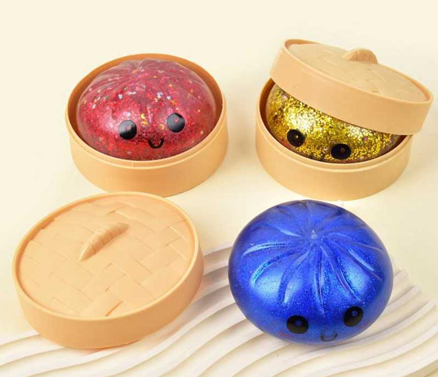 Colorful Bao Bun Squishy Toy Stress Relief Fidget Ball Realistic Steamed Bun with Steamer Stretchy Sensory Desk Toy Ideal Gift Choice for Adults Kids