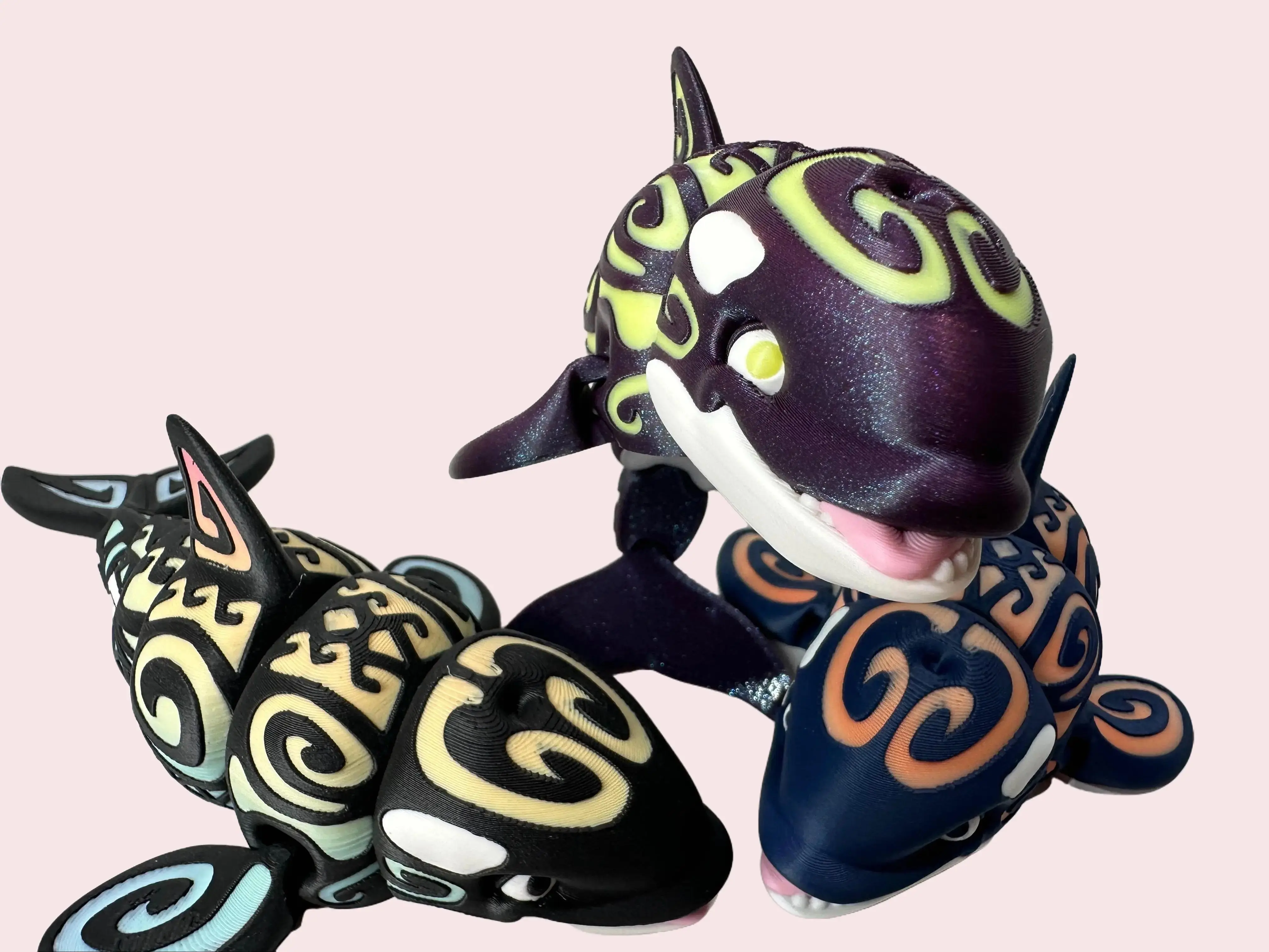 3D Printed Tattooed Orca – 7" Poseable Whale – Glow/Rainbow – Ocean Decor