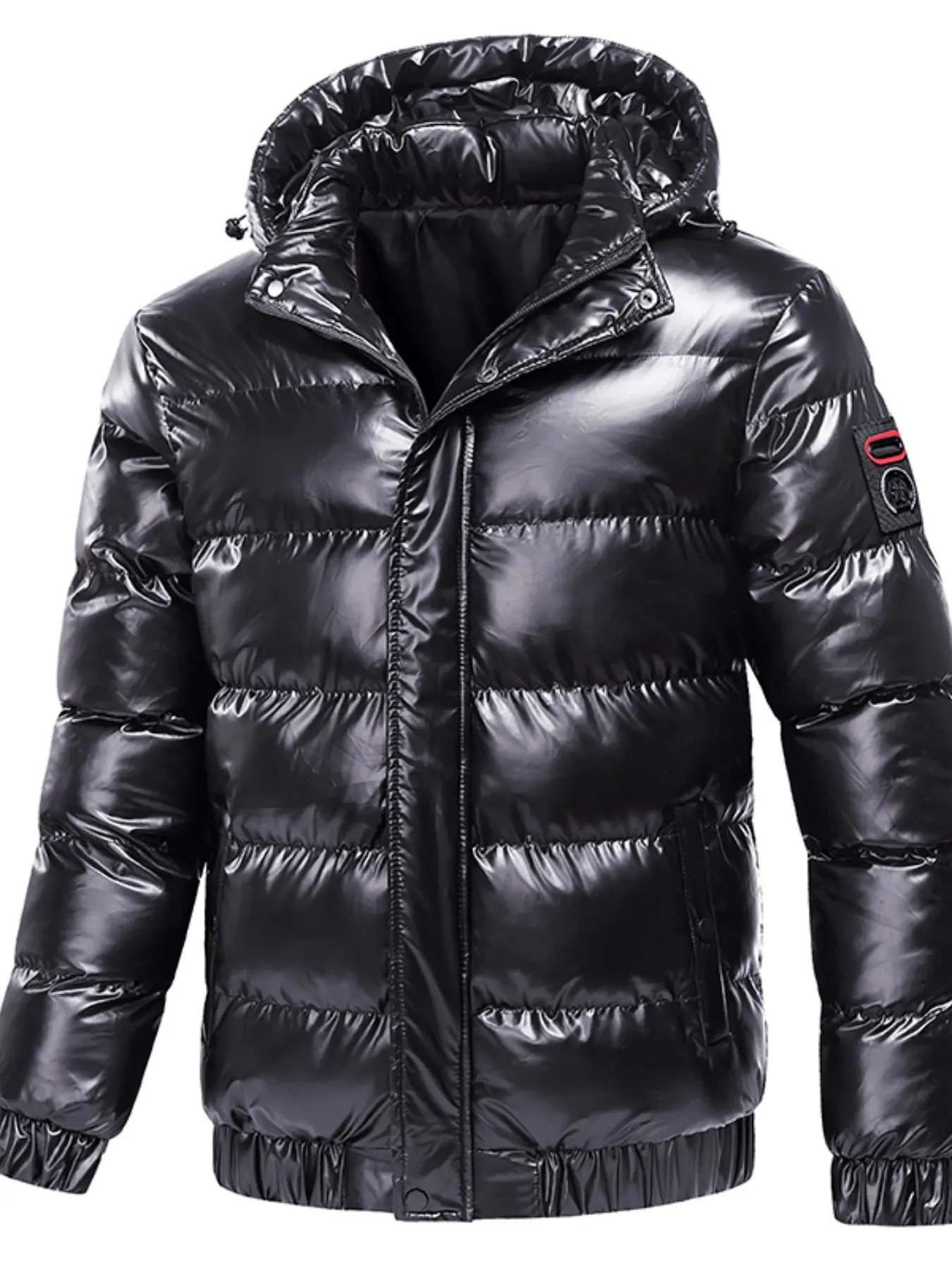 1pc Shiny Puffer Jacket Streetwear Style Hooded Water-Resistant Windproof Warm Insulation Zip-Up Ribbed Cuffs Glossy Winter Coat For Men Daily Commute Outdoor Activities