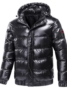 1pc Shiny Quilted Puffer Jacket Casual Streetwear Style Long Sleeve Hooded Water-Resistant Windproof Warm Insulation Zip-Up Ribbed Cuffs Glossy Winter Coat For Men Daily Commute Outdoor Activities